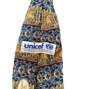 UNICEF Mens Silk Tie Blue Gold Winged Lion Doge's Palace Architecture‎ USA Made